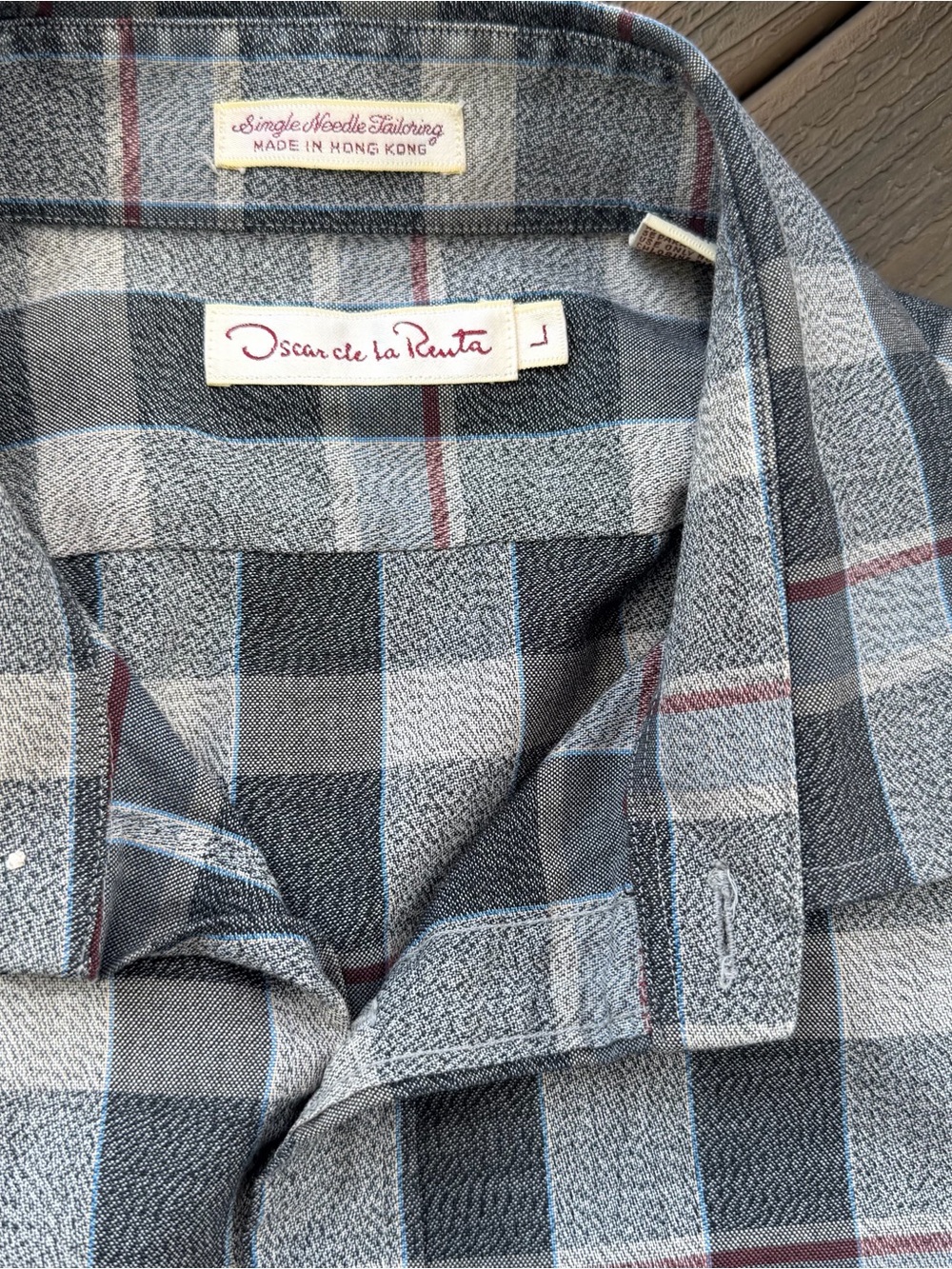 Oscar de la Renta Grey Plaid Button-Down Shirt with Blue and Maroon Windowpane